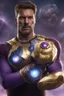 Placeholder: A sporty looking man with With a serious his face while holding Thanos' gantlet K's infinity gauntlet has six infinity stones