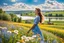 Placeholder: Young woman in flower field in country side ,river, houses,blue sky ,nice clouds,god rays