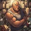 Placeholder: burly ugly 58 year old man bald with short beard and tank top manly chest chooses a bottle of wine in a cellar full of wine bottles dramatic light angry eyes highly detailed