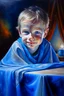 Placeholder: oil painting portrait of metallic slightly cute smirking innocent blue eyed vampire on a towel behind table with a shining globus earth, bokeh , high detail, smooth render, prize winning, down light, depth of field, aura