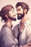 Placeholder: Anime man with beard, handsome and happy, holding wife. Romantic and in love