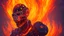 Placeholder: Portrait of a hard rock robot fan surrounded by flames reminiscent of hell.