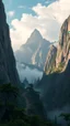 Placeholder: A trail between two mountains peaks with zoom in a large groups of dinosaurs marching in the Amazon side view , below is a huge wood top view , foggy, misty , adventures