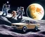 Placeholder: little boy and big teddy bears on moon. drifting in old bmw. oil on canvas