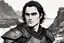 Placeholder: A portrait of Joaquin Phoenix in his early 30s, long beachy haircut, black hair, on a rocky island, in ebony armor from Skyrim, melancholic and dangerous facial expression, half-smiling, drawn in the style of ink manga sketch