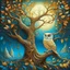 Placeholder: Breathtaking, rough impasto colourful acrylic art in the style of Amanda Clark, Jacek Yerka, Benjamin Lacombe and Amanda Sage, surreal dreamlike spooky fantasy forest with tiny details in autumn. owl sitting in a tree. white 3D outlines and filigree intricate details. Soft, ethereal moonlight filtering through a foggy, hazy, luminous, dreamy atmosphere. Beautiful vibrant colours with an iridescent burnt orange, dark red, brown, yellow, lilac, cerulean and burbundy gradient. Delicate, insanely de