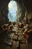 Placeholder: pin hole cam, master oil painting by Rembrandt, realistic rendering wild battle on underground bridge, dwarves wielding pickaxes, orcs and mountain trolls, bugbears