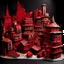 Placeholder: A dark red city with jazz instrument shaped buildings designed in Chinese paper art painted by Katsushika Hokusai