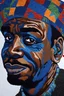 Placeholder: A polychromatic textile portrait, a man with a blue face, quilting, fabrics, by artist "Bisa Butler"