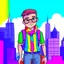 Placeholder: old school cartoon style character gay man wearing pride flag clothing nice background city view facing camera