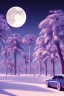 Placeholder: 1980's aesthetic vaporwave palm trees with lighting with moon with audi in the winter snow