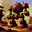 Placeholder: 90's fantasy tcg art of a large junk mech in junkyard