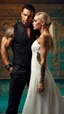 Placeholder: Jason david frank muscular male with short dark hair and tribal tattoos wearing a designer suit, whispering in ear of young blonde woman wearing white dress. fantasy, hyper realistic