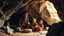 Placeholder: Neanderthal family living in a luxurious cave, stone age technology, happy children, animal skin clothing, colour photograph