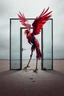 Placeholder: vibrant artwork featuring a red mechanical vulture made of scrap metal rearing against an arafed damaged glass door with frame standing in the middle of a desert, amazing reflections, amazing verticals, dramatic, dynamic, anxiety vibe, background is a blend of gray tones and random splinter glitch fragments in cobalt blue and yellow, creating an unnerving atmosphere