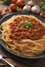 Placeholder: A hyper-realistic,Spagetti Bolognese, full size ,Photo Real, HOF, full size, practicality,manufacturability,performance, (((realism, realistic, realphoto, photography, portrait, realistic, elegant, charming, , professional photographer, captured with professional DSLR camera, trending on Artstation, 64k, ultra detailed, ultra accurate detailed, bokeh lighting, surrealism, Thomas Kinkade backgroun