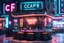 Placeholder: 3d rendered realistic scene cyberpunk cafe, front view with signage