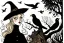 Placeholder: Witch, playing with crows, black cat, perfect iris, ink and pencil, style Hergé