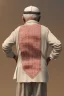 Placeholder: An old man wearing an Arabic keffiyeh, his back bent, walking barefoot, holding his cane upside down, looking back and holding his shoe in his hand.