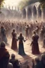 Placeholder: illustration fantasy medieval people applauding in arena outdoors