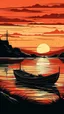 Placeholder: Delve into the tranquility of a coastal landscape art, featuring a fishing boat at a lake during sunset. The flat background style and darkly romantic illustration, in hues of dark amber and red, evoke a sense of serene beauty.