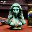 Placeholder: auction hammer, green olivine stone figurine, bust of luna aurora divine, ancient, magic,on dark wooden table with drinking glass, hairy hand