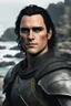 Placeholder: A portrait of Joaquin Phoenix in his early 30s, long beachy haircut, black hair, on a rocky island, in ebony armor from Skyrim, melancholic and dangerous facial expression, half-smiling, in the style of Genndy Tartakovsky cartoons