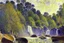 Placeholder: Big epic waterfall, rocks, trees, alfred sisley impressionism painting