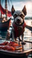 Placeholder: portrait of a vampire humanoid dog sucking the blood of fish on a viking ship, on a glass pier ,bokeh like f/0.8, tilt-shift lens 8k, high detail, smooth render, down-light, unreal engine, prize winning