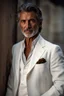 Placeholder: Portrait of a handsome older italian gentleman wearing crisp white linen suit, and an open necked shirt. His dark hair is peppered with grey, his neatly trimmed beard is dark and peppered with grey