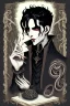 Placeholder: black haired young man necromancer wizard with gothic jewelry and tentacle fingers in the style of Fyodor Pavlov