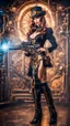 Placeholder: Full Body photo of a steampunk burlesque Woman With straight hair and a Fringe Hairstyle, holding a laser gun, sci-fi steampunk Background