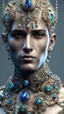 Placeholder: AI 3d photo realistic image of young man, handsome, shiny hard eyes, shiny large baubles, ornate, large gemstones, molten metalics, high definition, high res, octane render, 64k, 3d