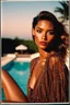 Placeholder: realistic supermodel, magazine analog photography from the 90's, polaroid colors, summer evening, pool, sundown, very beautiful face and browned skin, France