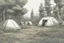 Placeholder: campsite, tents, overgrown, post-apocalyptic, comic book, forest