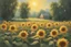 Placeholder: a loose painting of a sunflower field with a bright ray of sunlight hitting one of the flowers, trees around, warm, dreamy, magical ambience, traditional painting