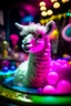 Placeholder: portrait of glitter haired lama on a yoga space ship made of ice cream, smiling with beautiful shiny ears, each inside a pile of transparent jelly bubbles of weird colors with insect aliens inside, disco egg made of small mirror, light rayz, feast table ,shot on Hasselblad h6d-400c, zeiss prime lens, bokeh like f/0.8, tilt-shift lens 8k, high detail, smooth render, down-light, unreal engine, prize winning