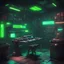 Placeholder: cyberpunk gun crafting station, green lights, sci-fi room