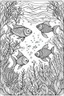 Placeholder: stress relief themed coloring page for adult, A whimsical underwater scene with colorful fish and gently swaying aquatic plants, cartoon style, thick outline, low details, no shading, no color