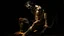 Placeholder: Desnudo artístico inspirado en Saturno devorando a su hijo de Francisco de Goya → Fotografía expresionista oscura → Estética de las Pinturas Negras → Lenguaje visual de la atrocidad, la deformidad física por la pasión ciega y el desgarro cárnico → Composición en una penumbra abismal con una figura de proporciones violentas emergiendo → Iluminación focalizada, dura y espectral que incide directamente sobre la violencia de la acción → Paleta de negros absolutos, ocres sucios, grises tierra y el ro