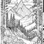 Placeholder: Outline art for coloring page with a cute mountain landscape white background, sketch style, only use outline, clean line art, white background, no shadows, clear outline reprezentand o imagine pe tema halucinatiilor provocate de droguri , cu culori primare tari, fantezie de înaltă definiție calitate clară, stiluri de Utagawa Hiroshige, Paul Klee Dee Nickerson și Tim Burton, acuarelă topită și contururi de cerneală neagră pe hârtie umedă, linii moi, umbrite