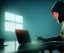 Placeholder: a hacker coding on his laptop in a dark room, golden fog