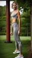 Placeholder: photography of a beautiful anorexic woman, grey satin sports bra, sports illustrated, blond short wavy bob haircut, pronounced sternum, grey running leggins