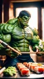 Placeholder: a hulk eating sushi with chopsticks, quality, full, beautiful light, raw photo, 8K UHD, police