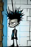 Placeholder: 2d drawing of a stickman, cool with punk hair, x eyes like in hangman, smart suit, leaning against a wall,3d realistic in colour