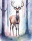 Placeholder: night, deer with antlers standing sideways, looking at viewer, realistic water color painted, among light colored tall simplified tree trunks, foggy, Easter Spring pastel colors, colorful, dark background