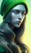 Placeholder: girl, cute, beautiful, long hair, wavy hair, green hair, blue eyes, green beanie, green coat, black tee shirt, green shorts, head and shoulders portrait, 8k resolution concept art portrait by Greg Rutkowski, Artgerm, WLOP, Alphonse Mucha dynamic lighting hyperdetailed intricately detailed