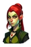 Placeholder: very smart half orc teenaged tomboy woman, shes strong and not pretty, her hair is dark red and mid length, she wears an earring and black clothing with green skin and pointed teeth, realistic style