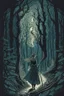 Placeholder: in the style of a Henry Justice Ford drawing, a beautiful witch walks through a dark forest