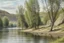 Placeholder: River scene by grey cliffs and trees in pastel chalk